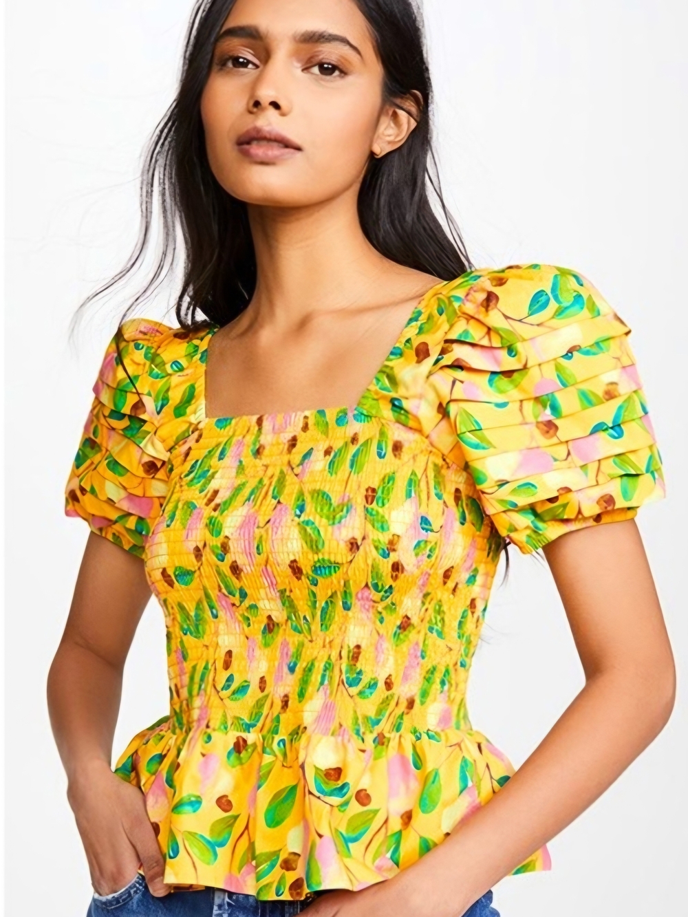 FARM RIO Yellow Floral Smocked Square-Neck Puff Sleeve Blouse Top M